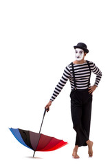 Mime with umbrella isolated on white background