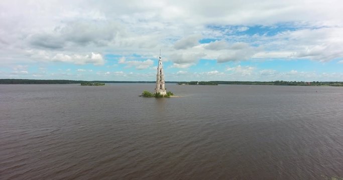 Kalyazinskaya bell tower of St. Nicholas Cathedral in the water (a flooded bell tower). Kalyazin, Tver region, Russia. Aerial