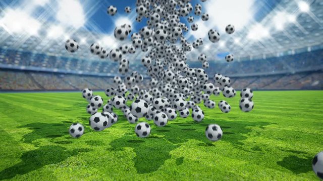 Lot of soccer balls falling on the stadium