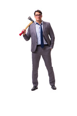 Fototapeta premium Angry businessman with axe isolated on white