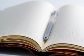 An open blank paper notebook with an uncapped ink pen 