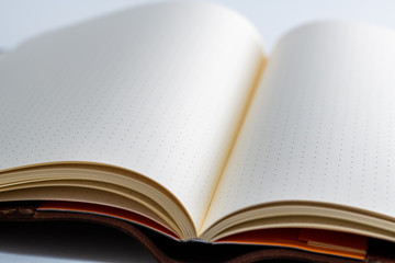 Open blank fountain pen notebook with leather cover