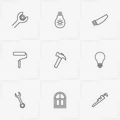 Repairs line icon set with light bulb, paint brush roller  and gas wrench