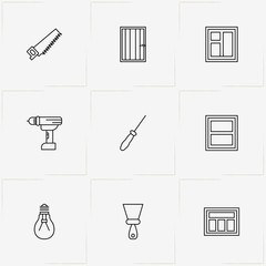 Repairs line icon set with light bulb, electric screwdriver and saw