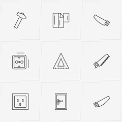 Repairs line icon set with hammer, door and window film