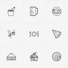 Restaurant line icon set with microphone, closed sign  and cutlery