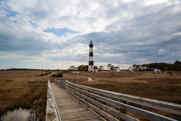 The Bodie Island Lighthouse on the outer banks of North Carolina against a dramatic cloudy sky
