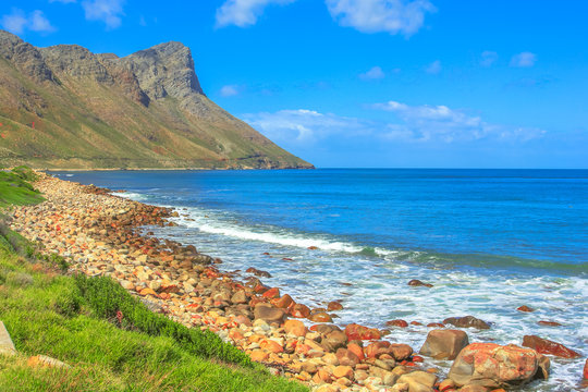 Scenic Clarence Drive on False Bay in Western Cape, South Africa. Pringle Bay lies within the Kogelberg Biosphere Reserve and is popular holiday destination from Cape Town.