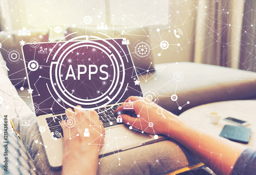 Poster apps with person using a laptop computer
