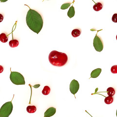 Seamless pattern of fruits. Cherry (Latin Prúnus subg. Cérasus). Isolated on white background, top view, flat lay. Can be used for wallpapers and packaging.