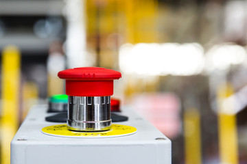 Red Emergency Button in the Factory  Safety Push in Industrial manufacturing to Stop