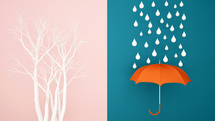 White dry tree on pink background artwork for autumn season - Orange umbrella with water falling on blue background artwork for rainy season -  - 3D Rendering