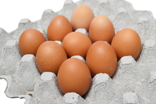 Nine hen eggs in egg tray on white background , Highly nutritious food from poultry
