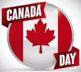 Button with Canada Flag and Ribbons to Celebrate Canada Day, Vector Illustration