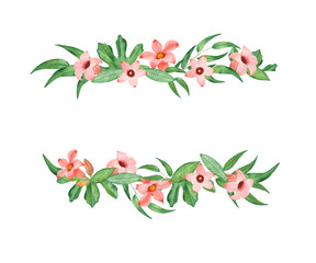 Watercolor banner with leaves of eucalyptus and pink flowers. Illustration for design wedding invitations, greeting cards, postcards. 