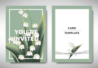Greeting/invitation card template design, lily of the valley flowers with leaves on green background, organic/nature theme © momosama