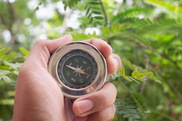 Male hand holding compass in the forest.