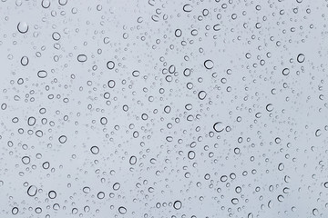 Water drop or rain drop on car glass with cloudy background.