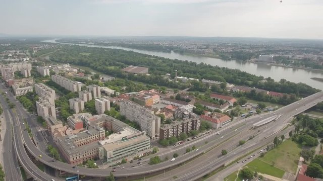 Aerial view of Budapest, Hungary - Arpad bridge and Danube river
