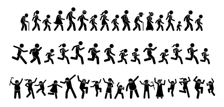 Many people walking, running, and dancing together. Stick figures pictogram depicts a lot of people from young to old marching, marathon, and partying. Crowd celebrate by jumping up and down.