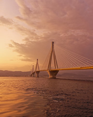 Greece, Rio Antirion suspended bridge in the twilight