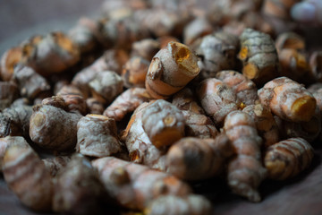 Closeup dried galangal on the rustic clay brown plate