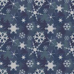 Winter Forest with Falling Snowflakes Seamless Pattern in Lilac Colors.  Seamless Pattern Great for Winter Holiday Background, Print, Textile, and Wrapping Paper.