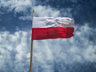 Poland flag Silk waving made transparent fabric flag of Poland with wooden flagpole gold spear on background sunny blue sky white smoke clouds real retro photo Countries of world 3d illustration
