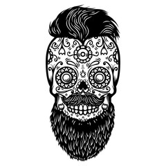 Bearded sugar skull. Design element for poster, card, print, emblem, sign.