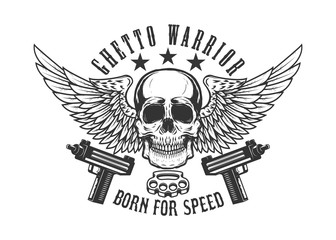 Winged skull with guns. Design element for logo, label, emblem, sign.