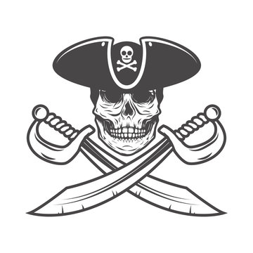 Pirate skull with crossed sabers. Design element for logo, label, emblem, sign.