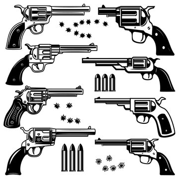 Set of revolver illustrations. Design element for logo, label, emblem, sign.