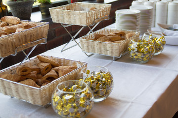 food in a cafe in special baskets on a table as a kind of catering