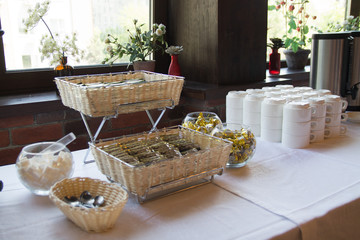 food in a cafe in special baskets on a table as a kind of catering