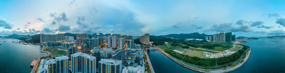 Zelfklevend Fotobehang Panorama image of Hong Kong Cityscape from sky view © YiuCheung