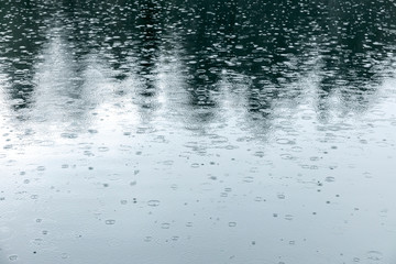 Fototapeta na wymiar trees reflecting in water pond with raindrops and ripples during bad weather