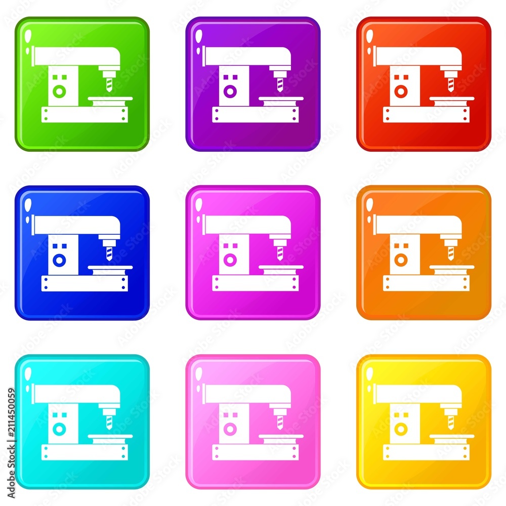 Poster drilling machine icons of 9 color set isolated vector illustration