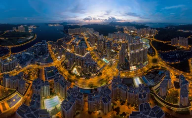 Zelfklevend Fotobehang Panorama image of Hong Kong Cityscape from sky view © YiuCheung