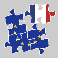 Participation of France in the euro-economy concept. Three puzzle elements with European union flag and one with French flag esp 10 vector illustration.
