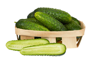 Fresh green cucumber with package isolated on the white background.