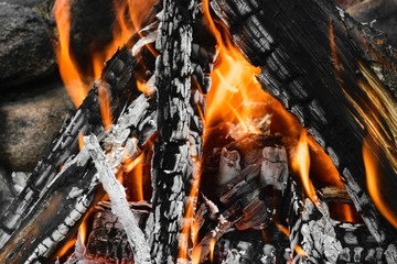 Burning bonfire with visible hot charcoal and ashes