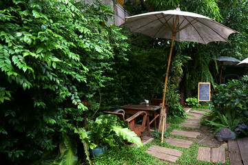 Chair, table, in the outdoors with the beautiful nature