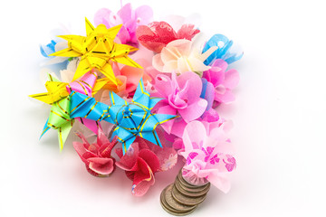 Set ribbon folded into a flower. Wrap coins by hand. I worked for the sacred(ordination ,matriculation ,initiation) in Thailand, on white background