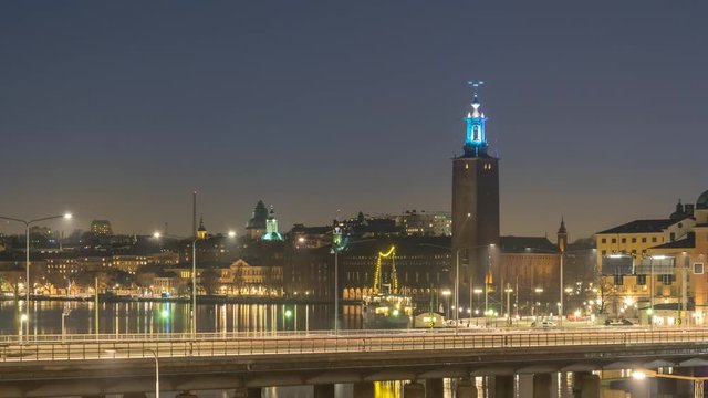Stockholm city skyline day to night time lapse at Stockholm City Hall, Stockholm Sweden 4K Time Lapse