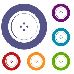 Round sewing button icons set in flat circle red, blue and green color for web