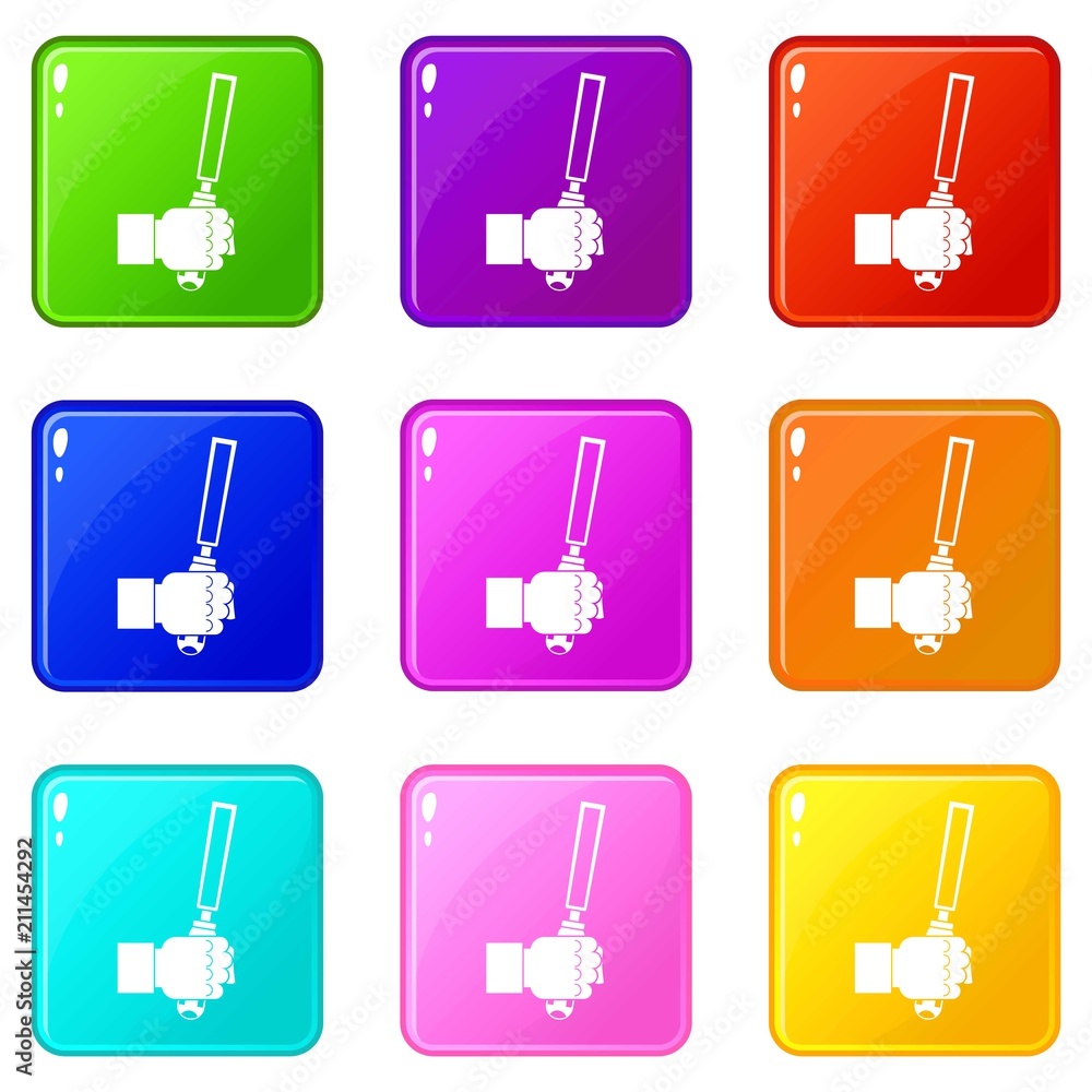 Poster chisel tool in man hend icons of 9 color set isolated vector illustration