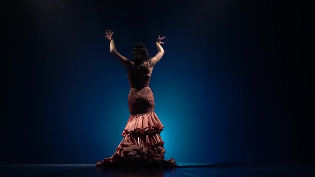 Girl dancing flamenco . Light from behind. Smoke blue background