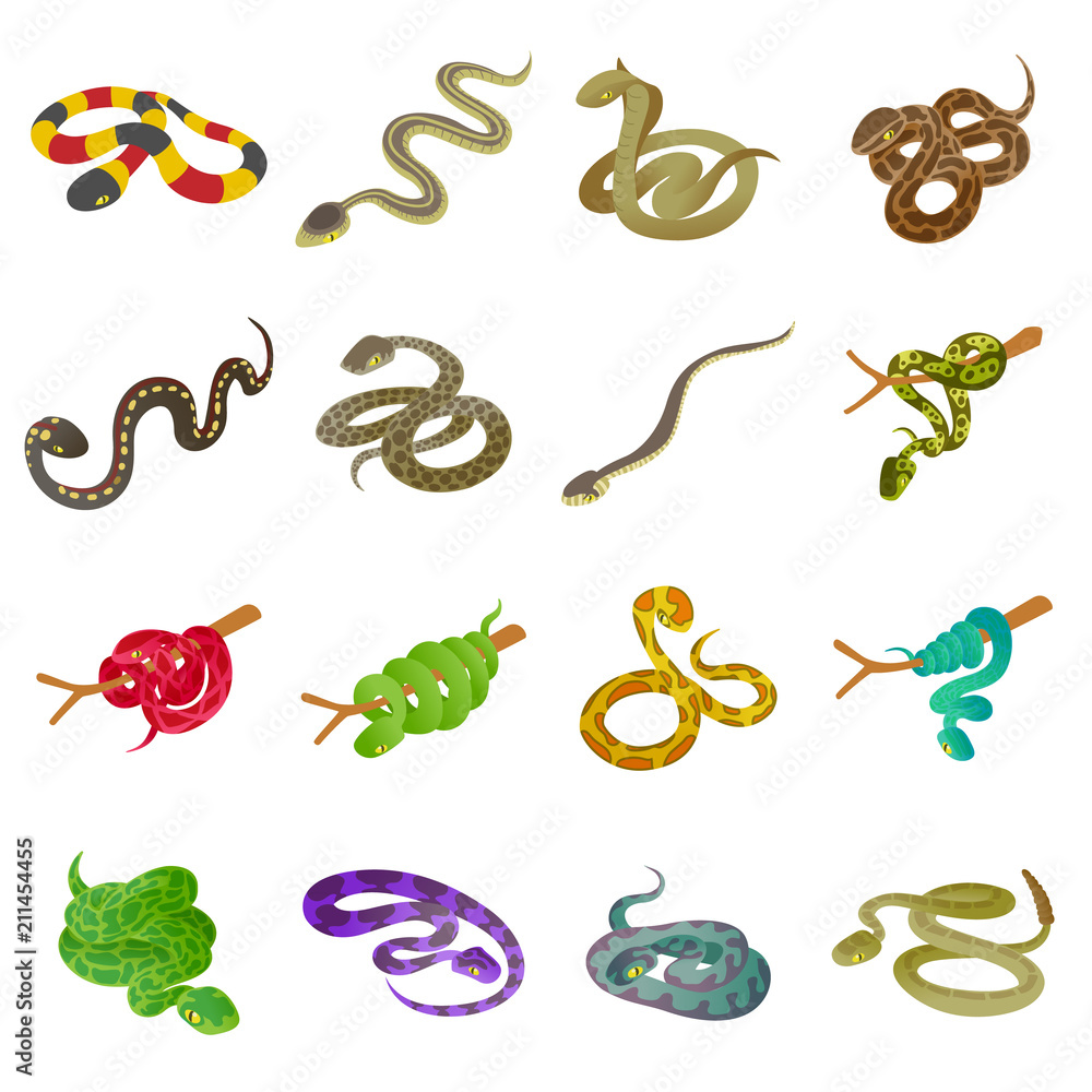Poster snake icons set. isometric illustration of 16 snake icons set vector icons for web
