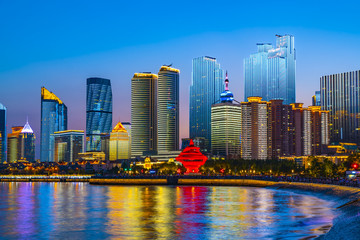 The night scene of urban architectural landscape in Qingdao - obrazy, fototapety, plakaty