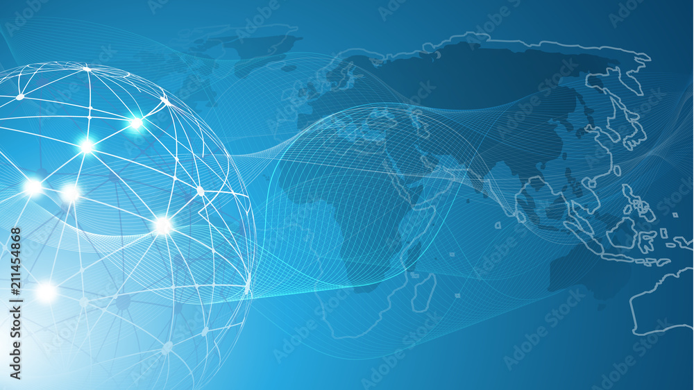 Poster futuristic bright global technology, networking and cloud computing design concept with globe and wo